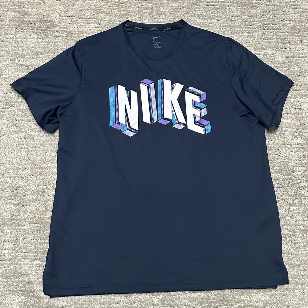 Nike Pro Shirt Mens Large Navy Blue Dri-FIT Colorful Graphic Short Sleeve